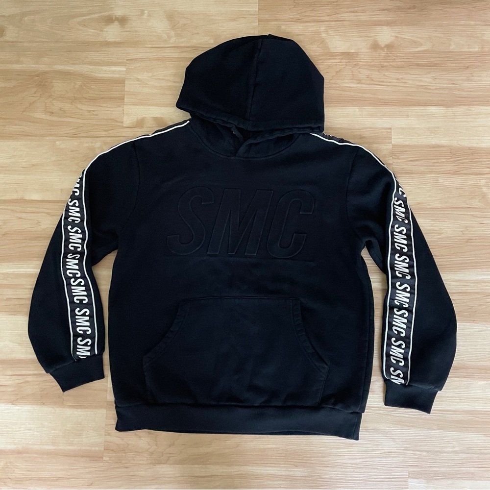 SMC Black Hooded Sweatshirt Mens Sz Medium Long Sleeve Embossed Pullover